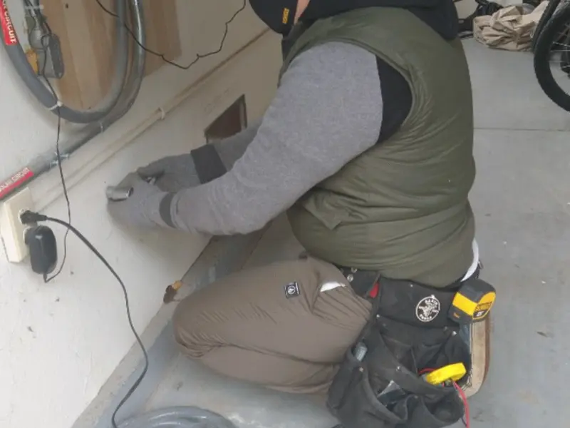 Electrician performing outlet wiring in a Cherry Hill garage